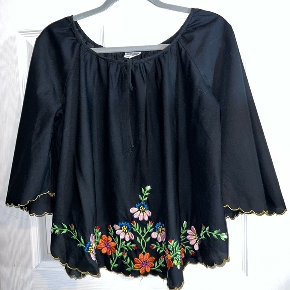 Black Embroidered Boho Bell Sleeve Blouse - Picture 1 of 6